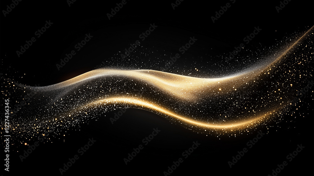 Poster Elegant abstract golden wave composed of shimmering particles on a black background. Luxurious dynamic motion with glowing light effects, evoking sophistication, opulence, and futuristic aesthetics in