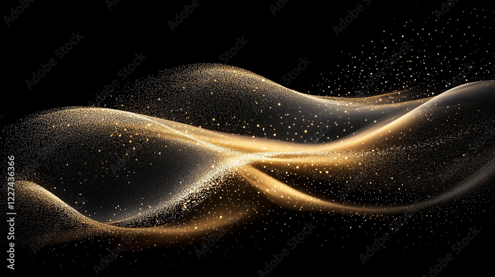Aufkleber Elegant abstract golden wave composed of shimmering particles on a black background. Luxurious dynamic motion with glowing light effects, evoking sophistication, opulence, and futuristic aesthetics in