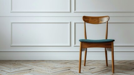 Minimalist wooden chair with green cushion against a white paneled wall in a serene interior setting