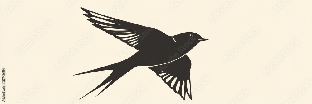 Poster elegant black bird soaring gracefully in a light background during a serene moment. generative ai