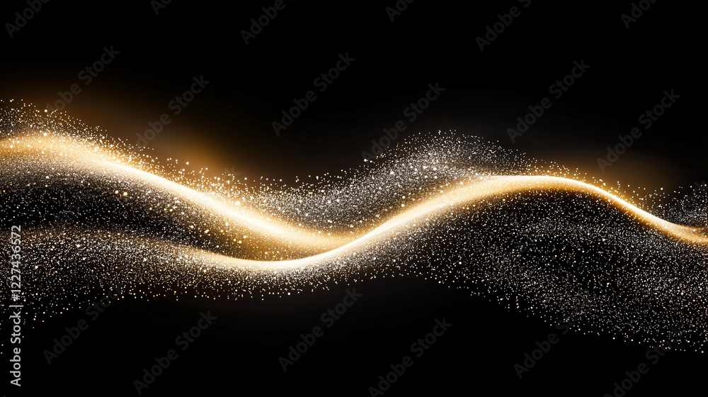 Poster Elegant abstract golden wave composed of shimmering particles on a black background. Luxurious dynamic motion with glowing light effects, evoking sophistication, opulence, and futuristic aesthetics in