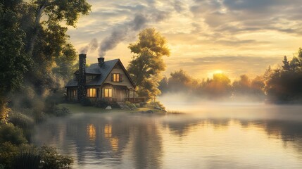 Fototapeta premium Tranquil Lakeside Retreat at Sunrise with Mist and Scenic Nature