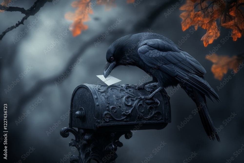 Poster a gothic depiction of a raven delivering a sealed letter, perched on a dark, ornate mailbox with sha