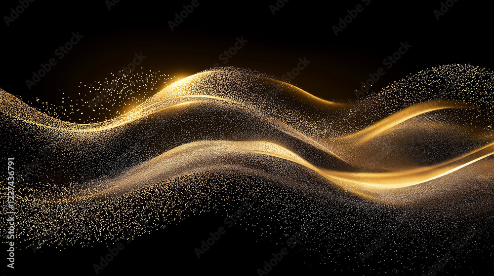 Poster elegant abstract golden wave composed of shimmering particles on a black background. luxurious dynam