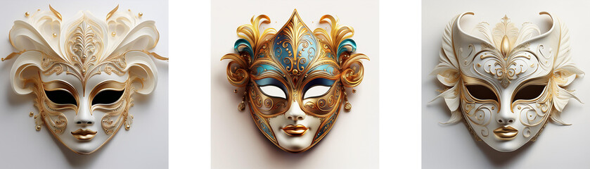 Naklejka premium Three ornate Venetian masks, each with unique design and color palette, are displayed against a plain backdrop. The craftsmanship is intricate, showcasing varied textures and styles.