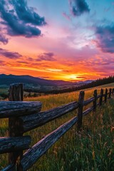 Obraz premium Wooden Fence in Grassy Field at Sunset
