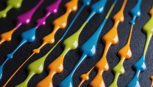 Close-up View of Vibrant, Glossy Paint Drips Arranged in Parallel Lines on a Dark Surface
