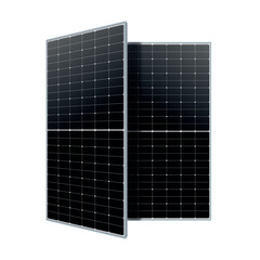 Two sleek solar panels standing upright, showcasing a grid of photovoltaic cells. Highlighting modern renewable energy technology, emphasizing efficiency and sustainability.