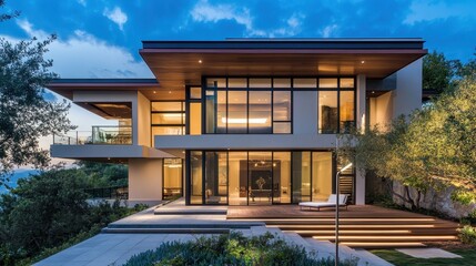 Fototapeta premium Modern hillside home with expansive windows and sleek design. Illustrates luxury architecture, perfect for real estate or lifestyle projects.
