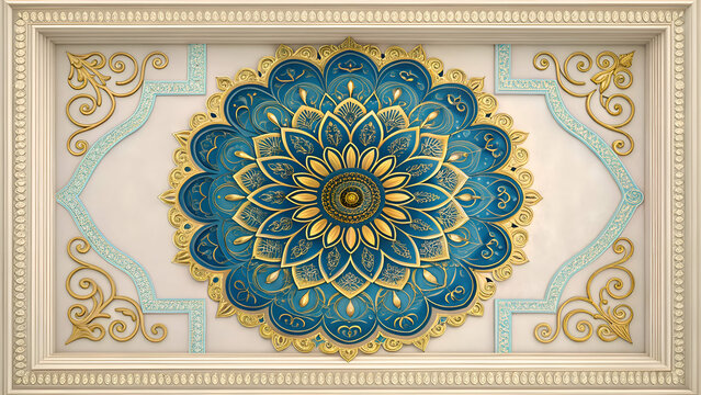 Decorative 3D wallpaper for the ceiling adorned with a blue and golden mandala design within a decorative frame backdrop.