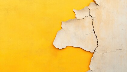 A vibrant yellow wall with a cracked, peeling section revealing a textured surface underneath.