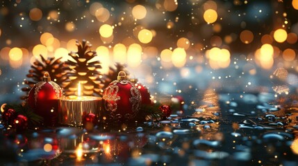Festive scene with candles, ornaments, and pinecones reflecting on a wet surface with bokeh lights