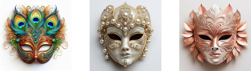 Naklejka premium Three ornate Venetian masks, each with unique design and color palette. Peacock feathers, silver, and rose gold accents add elegance.