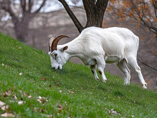 Obraz premium A white goat grazing on green grass in a serene outdoor setting.
