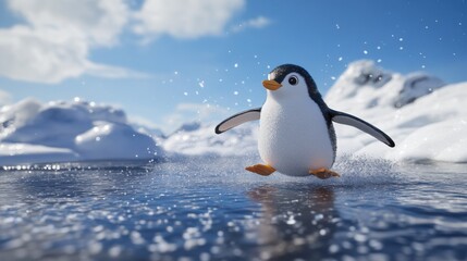 Fototapeta premium A playful penguin sliding on ice, surrounded by sparkling snow and blue skies.