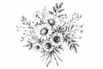 Detailed black and white floral illustration featuring sunflowers and delicate wildflowers arranged elegantly