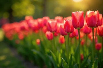 Obraz premium Long row of tulips swaying gently in the evening breeze, tulips, serene, blooming flowers