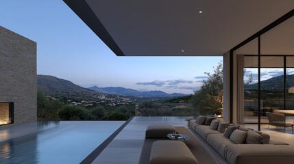 Fototapeta premium Modern villa twilight poolside view; mountain landscape background; luxury real estate