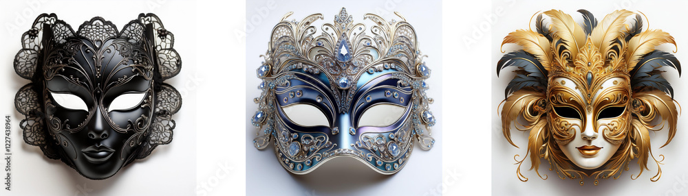 Poster three ornate venetian masks, each in a different color: black, silver, and gold. they feature elabor