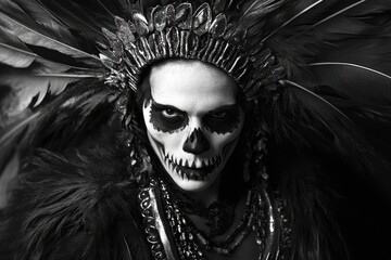Woman with skull makeup and feathers