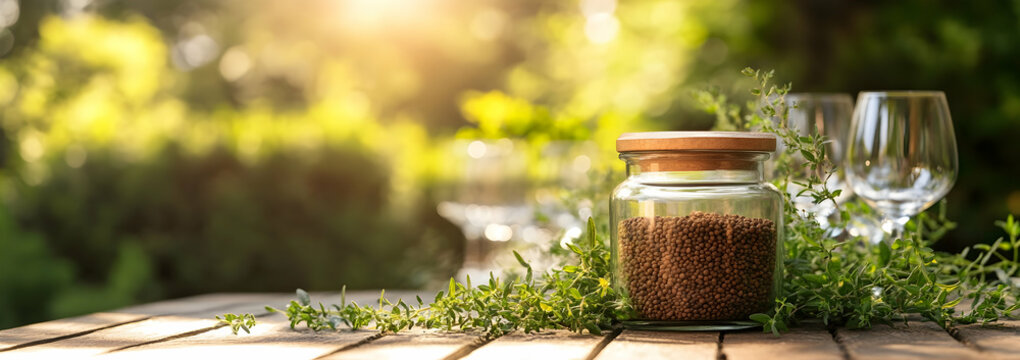 Jar of cumin seeds and greenery on a rustic outdoor table with wine glasses