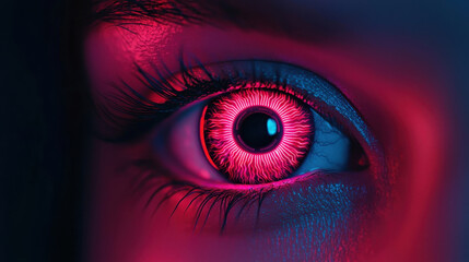 Cybernetic human eye with glowing neon iris detail