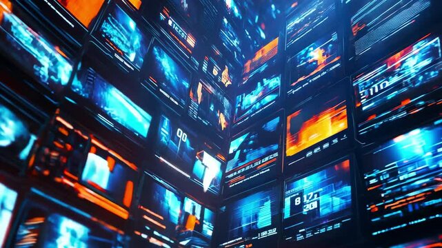 Futuristic Digital Screens Wall with Cybernetic Glow  - made with Generative AI