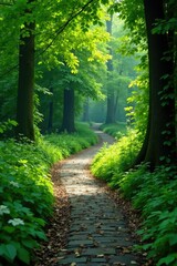 Obraz premium Lush greenery envelops winding cobblestone pathway, trees, forest