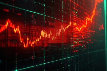 Holographic screen with financial graphs and analysis data, vibrant red and green, futuristic setting, dark cyber theme , closes up