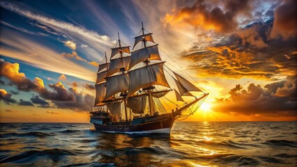 Obraz premium 17th Century Sailing Ship, Sunset Ocean Panorama - Vintage Maritime Stock Photo
