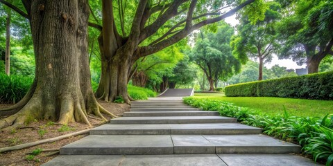 Obraz premium Grey concrete sidewalk with a single step leading down to a large tree trunk in the background