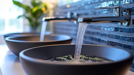 Modern bathroom with dark sinks and chrome faucets, water flowing.
