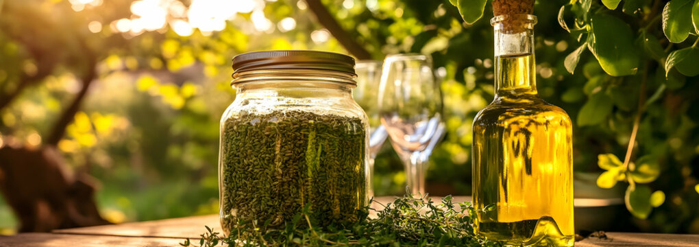 Jar of cumin seeds and greenery on a rustic outdoor table with wine glasses