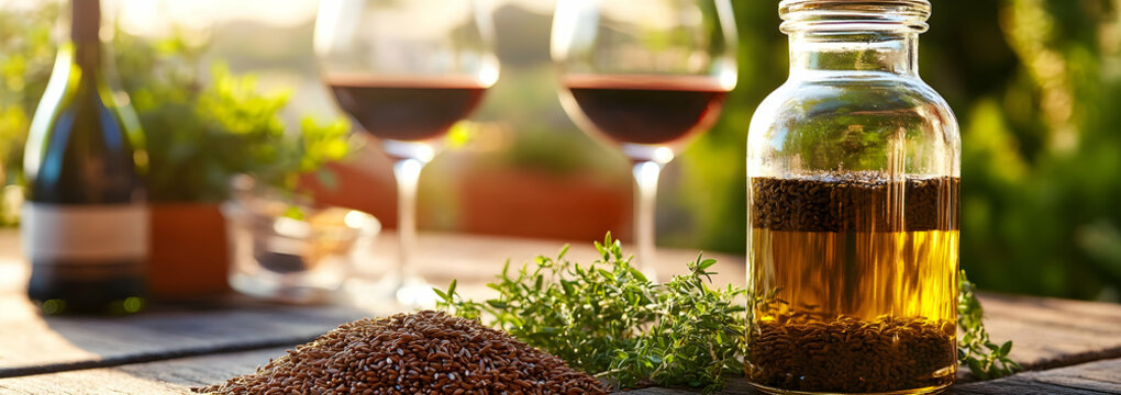 Jar of cumin seeds and greenery on a rustic outdoor table with wine glasses