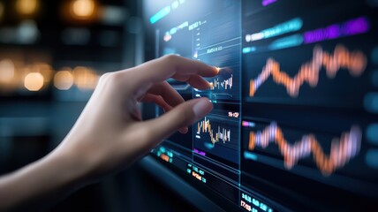Digital hand analyzing stock charts, glowing holograms of investment trends, neon purple and blue tones, futuristic look