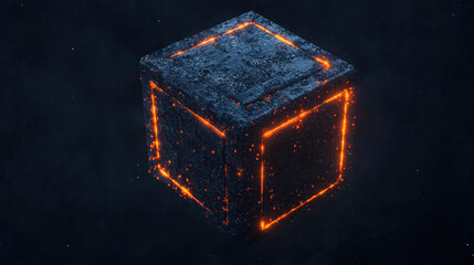 Obraz premium glowing cube shaped spaceship hovers in dark, emitting eerie light