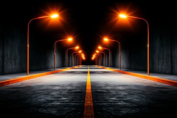 A lone streetlight glowing brightly in the middle of a dark city street, especially highlighting its importance in the scene