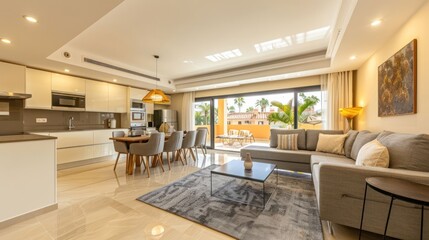 Fototapeta premium Modern living room and kitchen in a bright, stylish apartment with outdoor views and decor
