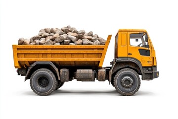 Dump Truck filled with stones isolated on white background. Dump Truck with stones. Heavy Machinery. Construction Vehicle loaded with stones. Dump Truck Design Element. Stone-filled Dump Truck.