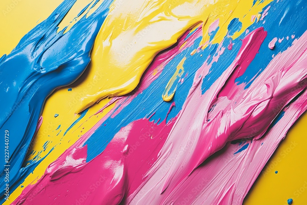 Aufkleber Colorful paint strokes blending together on a bright yellow background create an abstract artwork