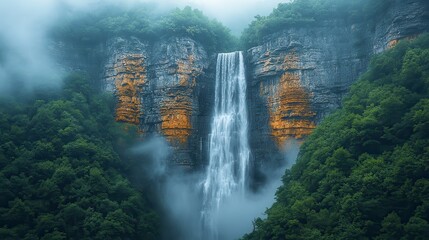 Misty mountain waterfall cascading down cliffs, lush forest backdrop, nature scene, travel poster