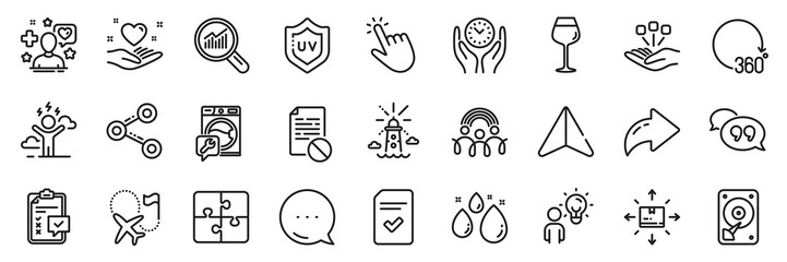 Destination flag, Uv protection and Data analysis line icons pack. Share, Message, Paper plane icons. Quote bubble, Water drop, Consolidation web icon. Vector
