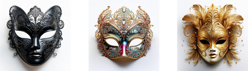 Three ornate Venetian-style masks, each with unique designs and colors, displayed against a neutral background.