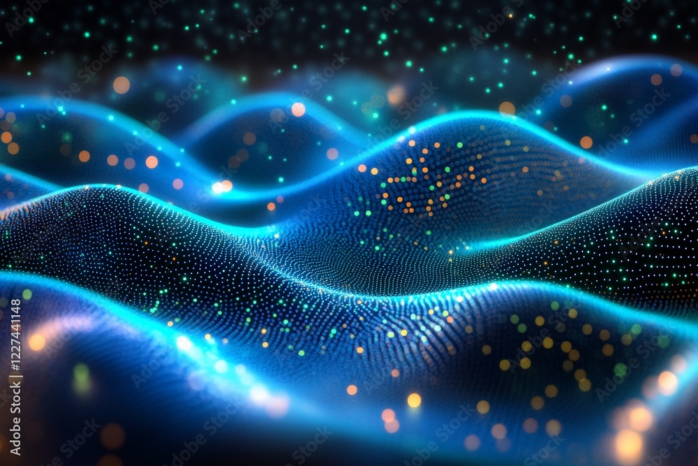 Poster vibrant abstract waves with glowing particles in a surreal digital landscape