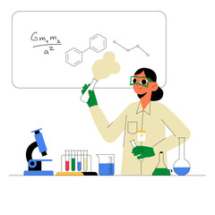 Female Scientist Conducting Chemistry Experiment In Flat Vector Illustration Symbolizing Scientific Research, Laboratory Work, And Innovation, Isolated On White Background