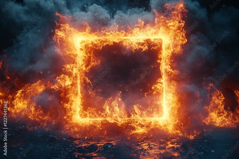 Aufkleber Flames create a striking square frame amidst dark clouds and smoky atmosphere in an artistic display