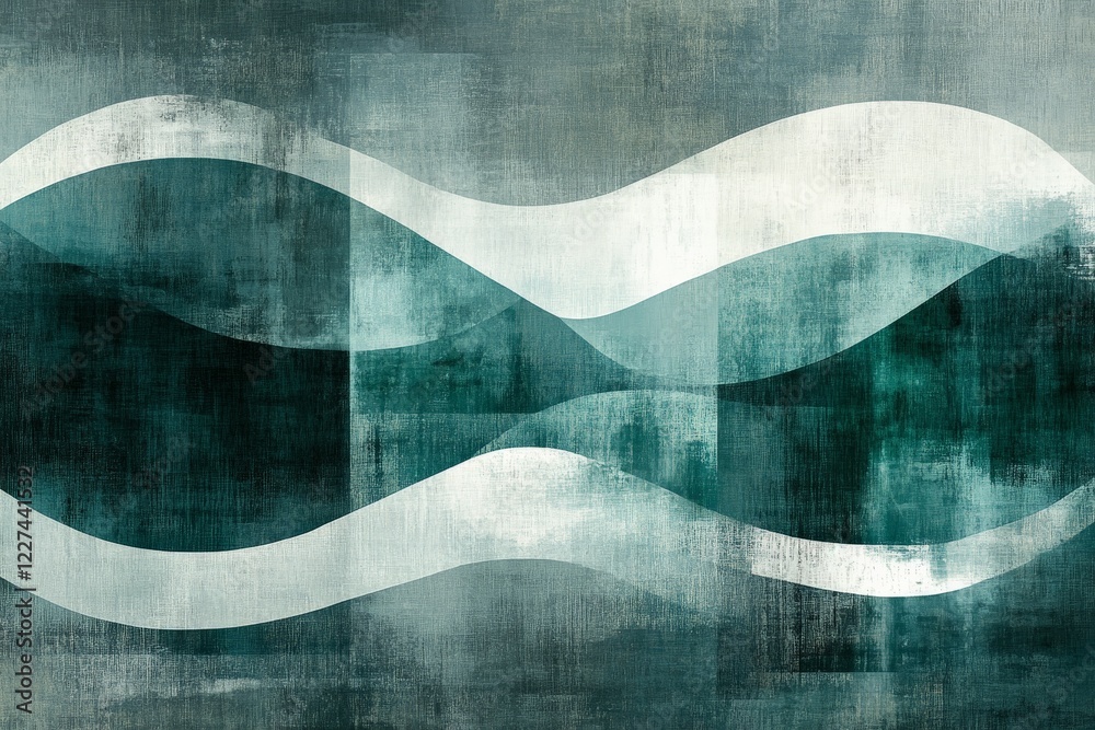 Poster Abstract artwork featuring a flowing design with shades of teal and white in a smooth wave pattern