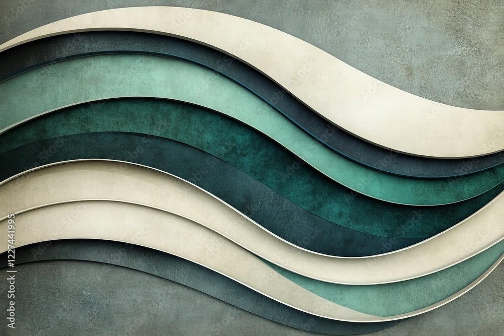 Poster abstract design featuring layered waves in shades of blue and green with a textured background