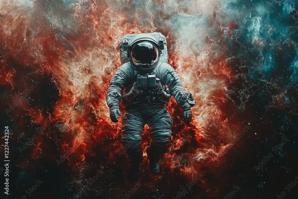 Poster astronaut floating in vibrant cosmic space surrounded by colorful nebula and stardust during deep sp