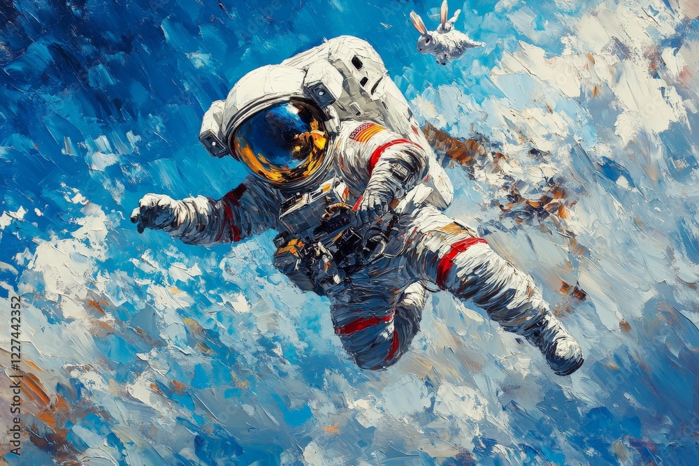 Poster colorful depiction of an astronaut floating in space with a distant bunny in a whimsical cosmic land